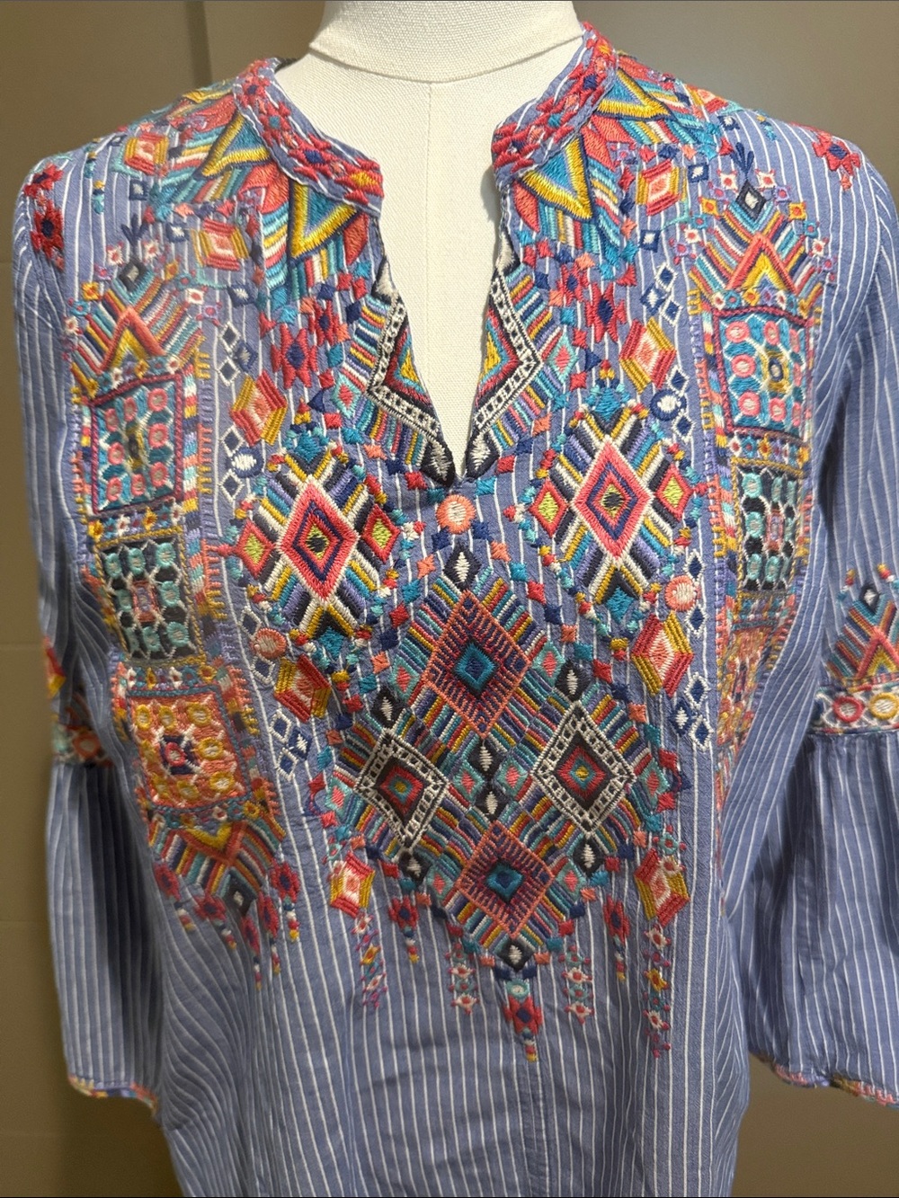 Johnny Was Blue Striped Tunic with Multicolor Embroidery - Picture 2 of 6